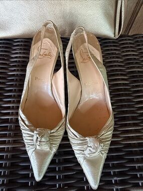 Christian Louboutin Metallic Gold Slingback Knot-Detail Pointed-Toe Heels